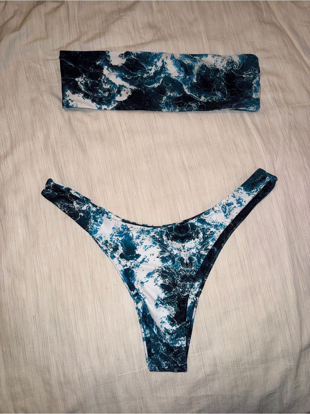 Teal Blue & White Wave Print Bandeau Bikini set